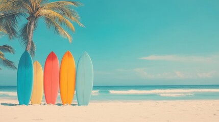 Colorful Surfboards on a Serene Beach with Palm Trees Under Clear Blue Sky and Gentle Waves in the Background