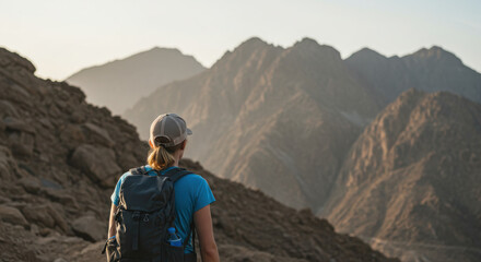 Fototapeta premium Female hiker with backpack in rocky mountain landscape.