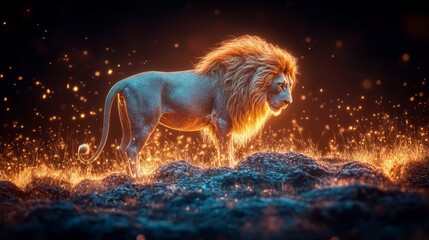 Majestic Lion Standing Proudly on Rocky Hill with Golden Mane