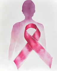 Watercolor painting of a pink ribbon for cancer awareness with a woman's silhouette.