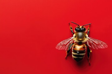 An isolated honeybee is seen on a vibrant crimson background