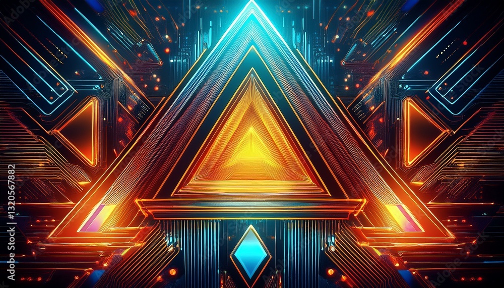 Poster vibrant digital abstract artwork featuring glowing triangular shapes against a circuit board backgro
