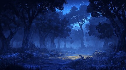 Fototapeta premium A dark forest at night, with faint shadows of trees and a quiet, eerie stillness in the air 