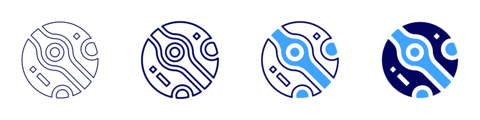 Mars icon in 4 different styles. Thin Line, Line, Bold Line, Duotone. Duotone style. Editable stroke