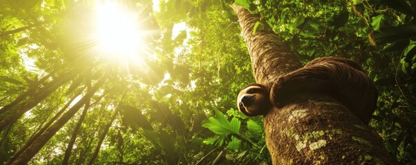 A sloth clinging on a tree trunk within the sunlight rainforest canopy
