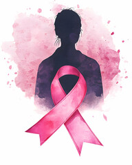 Watercolor painting of a pink ribbon for cancer awareness with a woman's silhouette.