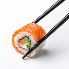 Sushi Holding With Black Chopsticks Closeup, Traditional Food Of Japan