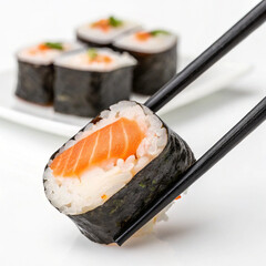 Sushi Holding With Black Chopsticks Closeup, Traditional Food Of Japan