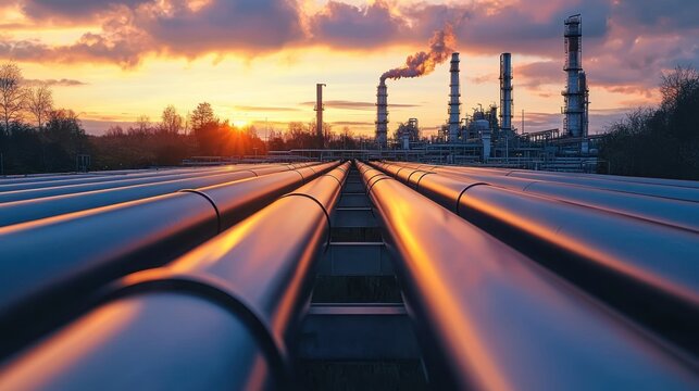 Shiny industrial pipelines and facility at sunset with dramatic lighting