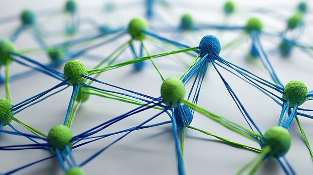 Blue and green yarn balls connected with string demonstrating a network