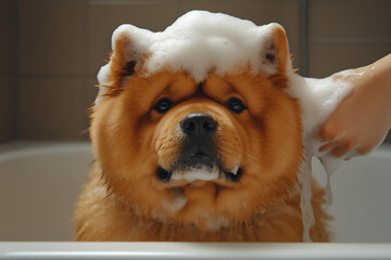 a chow chow dog is being washed in the bathroom,