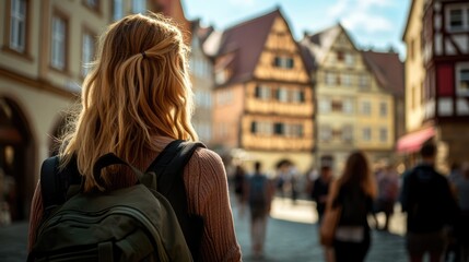 Fototapeta premium Blond Woman with Backpack Looking at Old European Architecture