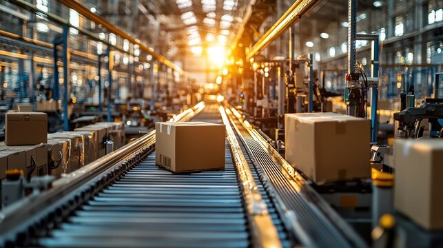 Cardboard boxes move along a conveyor system within a warehouse