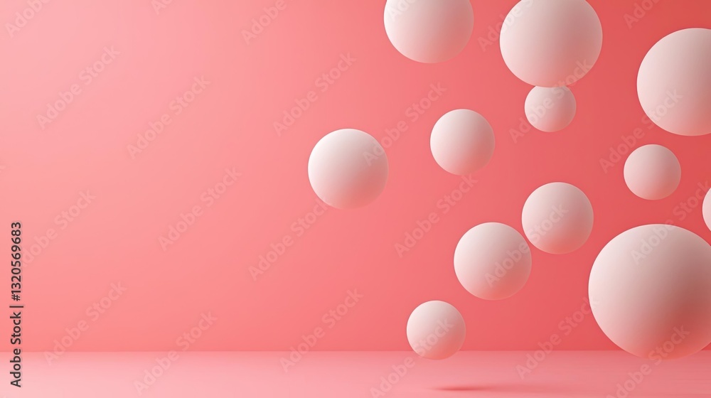 Poster abstract concept art background idea. floating spheres in a vibrant coral background create a modern