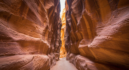 Narrow sandstone slot canyon path with natural rock formations.