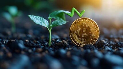 Bitcoin's price in the cryptocurrency market grows, represented by a golden coin growing on a plant with a green upward arrow.