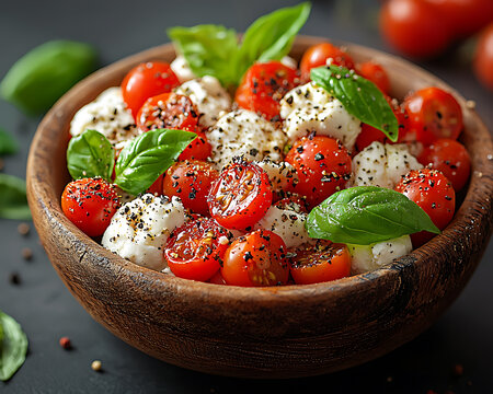 A wooden bowl filled with a vibrant Caprese salad featuring fresh cherry tomatoes mozzarella balls basil leaves and black pepper.