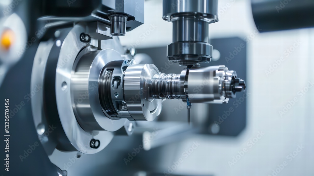 Poster precision in motion: a close-up view showcases a modern cnc machine, engaged in intricate metalworki