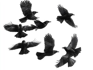 Obraz premium Black Birds Flying in Formation Against White Background