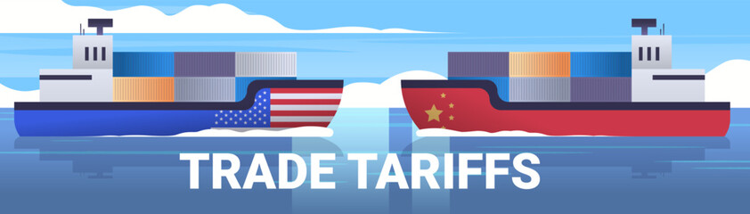 Container ships with flags representing trade conflict between countries ocean background digital banner