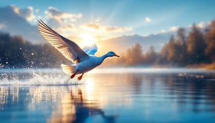 Duck Flying Over Calm Lake at Sunrise Creating Water Splashes