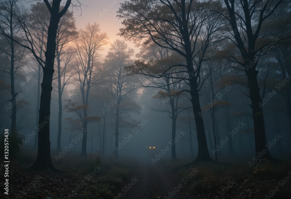Poster foggy forest path at dusk with mysterious glow in the distance