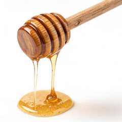 Honey Dripping From Wooden Dipper Isolated On White Background