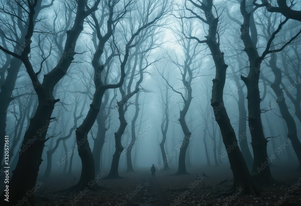Poster mysterious forest landscape with fog and bare trees in twilight