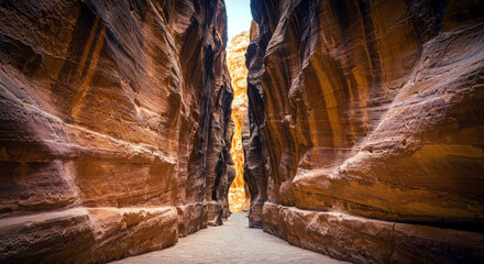 Narrow sandstone slot canyon path with natural rock formations.