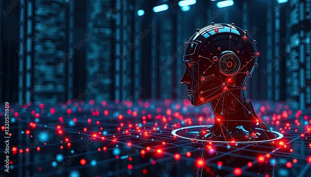 Poster red and blue digital ai head in a dark network setting