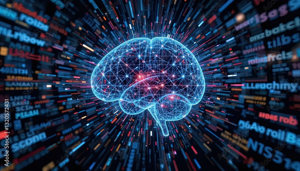 Poster abstract digital brain network with data streams and light trails