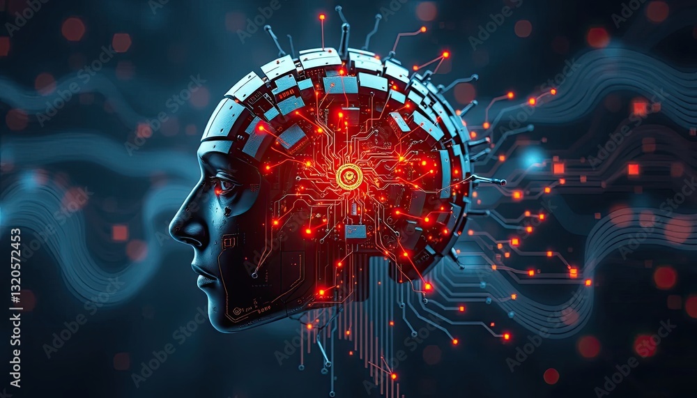 Poster abstract digital brain with glowing circuitry and network connections