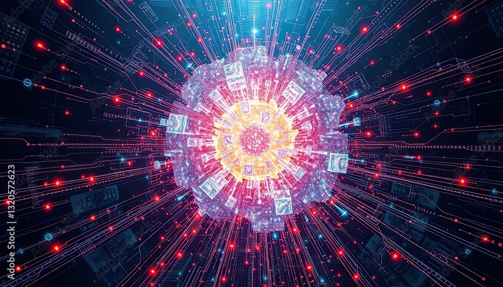 Poster abstract digital data explosion red blue glowing particles network connection