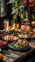 A beautifully arranged table showcases a variety of colorful dishes, sparkling beverages, and fresh fruits, creating a perfect atmosphere for festive brunch gatherings with friends and family