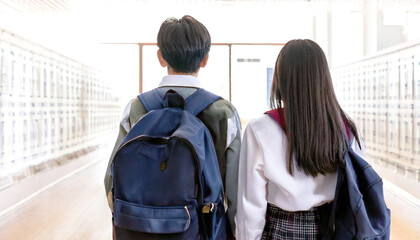 男女高校生の後姿_校舎内,generative ai_ワイド