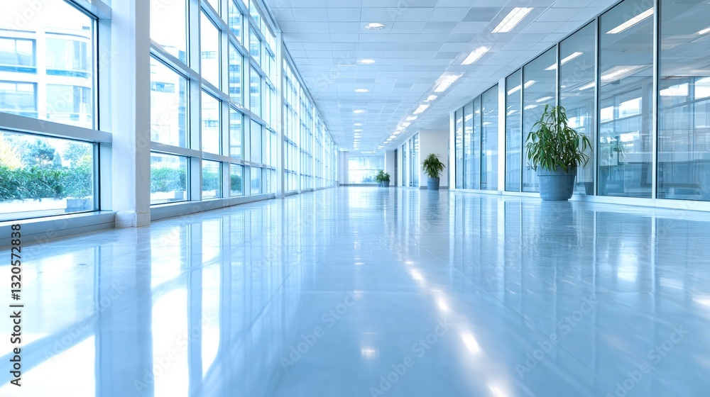 Poster an empty hallway inside a modern office building with windows
