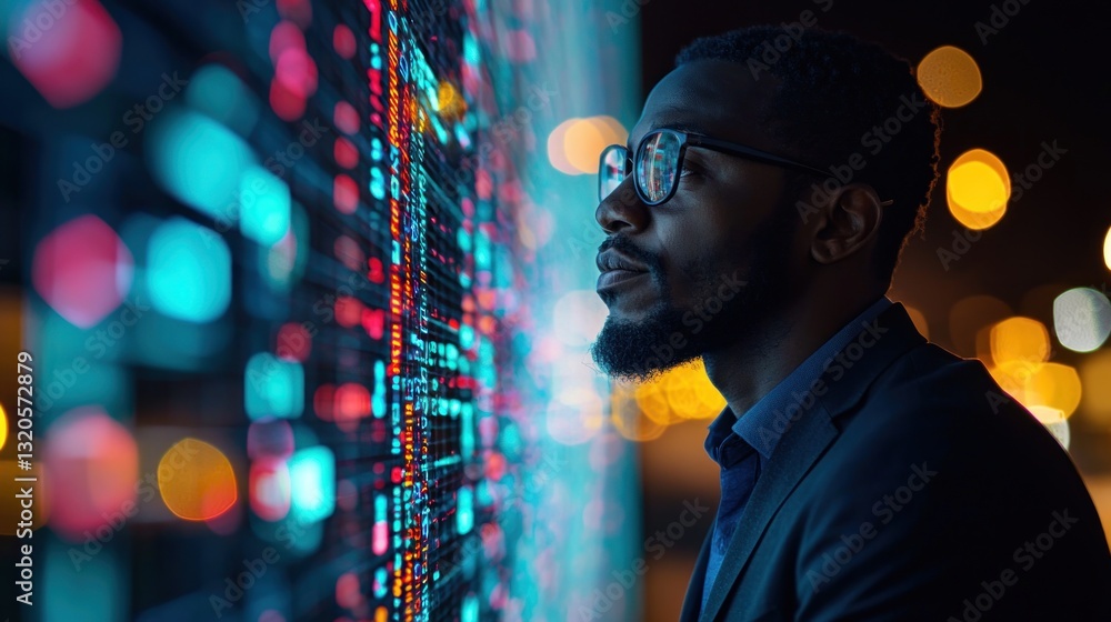 Poster an observant man wearing glasses contemplates a digital display of data