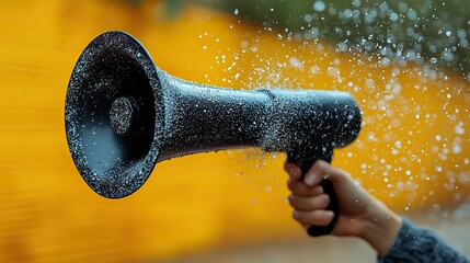Black megaphone announces loudly with hand drawn sound waves on vibrant yellow, representing communication and messages.