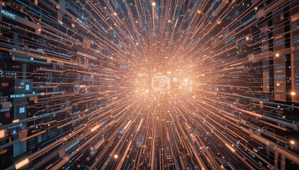 Abstract Digital Tunnel with Orange and Blue Glowing Lines and Particles