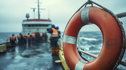 Life Ring on Deck of Boat with Crew in the Background
