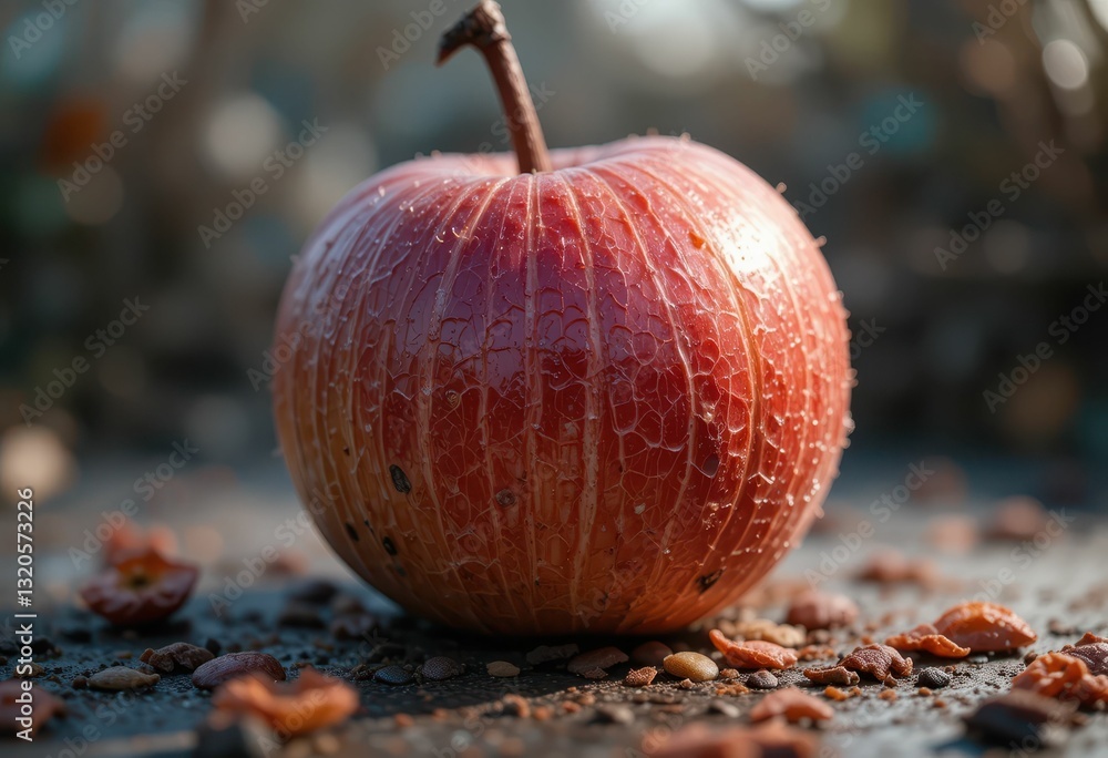 Poster fresh red apple with dew drops on rustic surface in natural light
