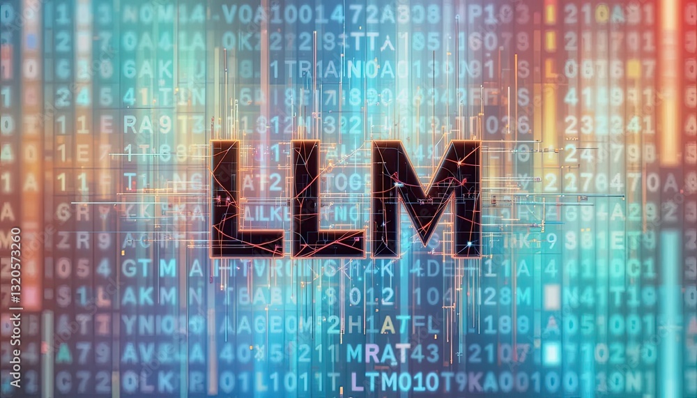 Poster abstract llm digital art with glowing neon text on a colorful data stream background