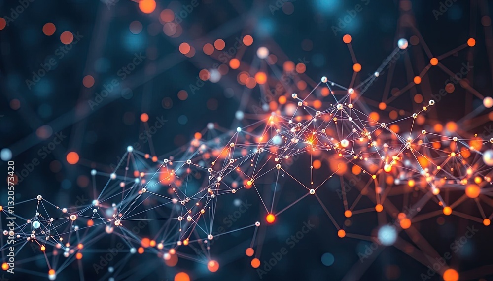 Poster abstract network visualization glowing orange and blue nodes connected by lines on dark background
