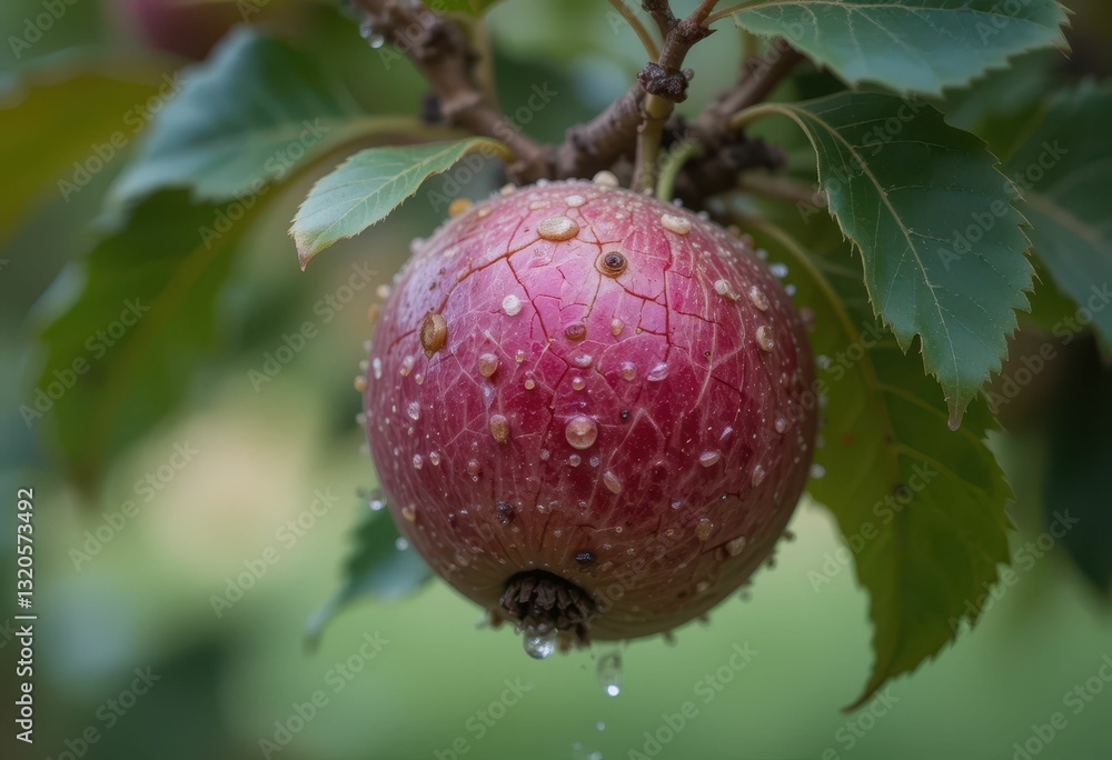 Poster fresh red apple with raindrops on tree branch in natural setting