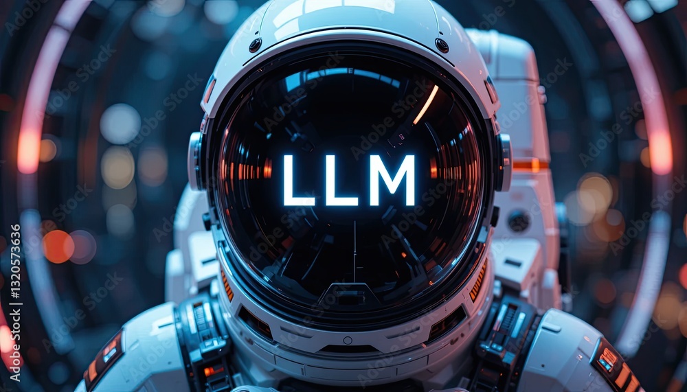Poster close up of astronaut helmet with llm text, futuristic sci fi setting