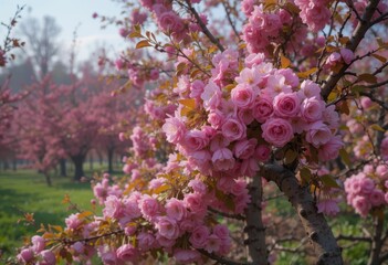 Vibrant Pink Cherry Blossom Blooms in Springtime Orchard Setting