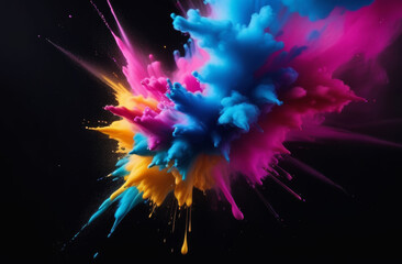 Paint Ink drop in water. Motion color explosion smoke, colour fluid splash vapor cloud on glitter dust texture black abstract art background