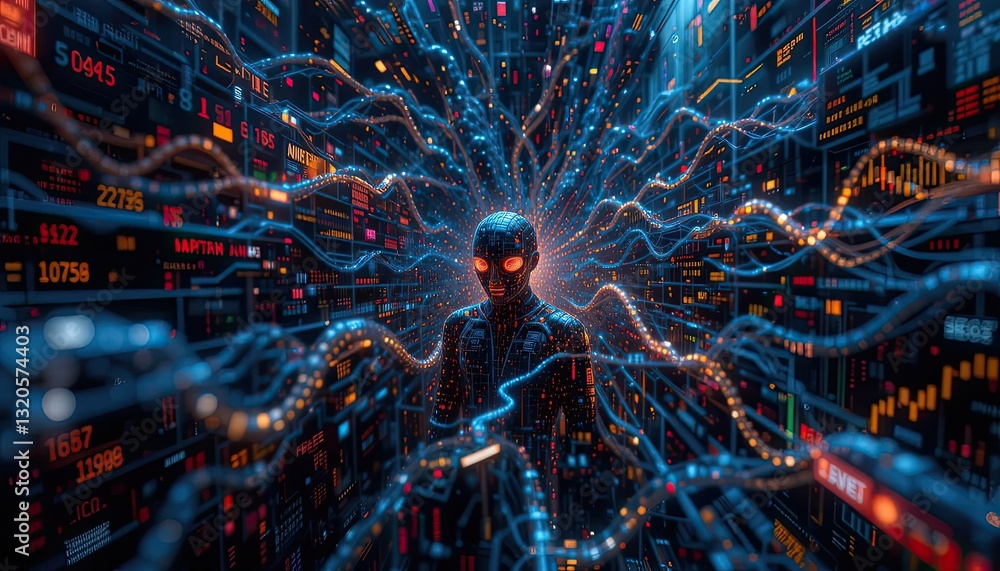Poster glowing humanoid figure immersed in a complex network of data and code