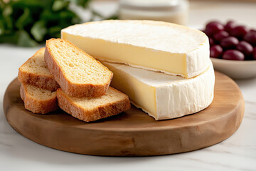 Farm-fresh dairy products displayed on a wooden board with bread and grapes in a cozy farm atmosphere