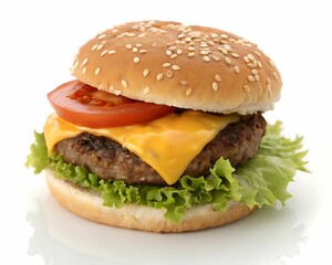 A double cheeseburger with thick juicy beef patties and fresh toppings set against a white background highlighting its rich and indulgent appeal